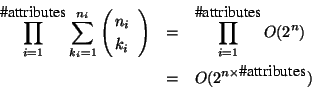 \begin{eqnarray*}
\prod^{\mbox{\char93 attributes}}_{i=1} \sum^{n_{i}}_{k_{i} = ...
...=1} O(2^{n}) \\
& = & O(2^{n \times \mbox{\char93 attributes}})
\end{eqnarray*}